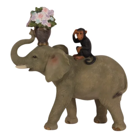 Dierenbeeld Olifant met Aap - bruin - 17 cm