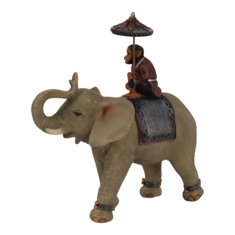 Dierenbeeld Olifant met aap - bruin - 19 cm