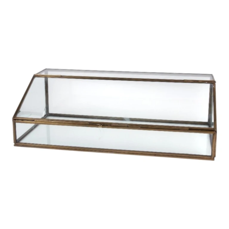 Opbergdoos rechthoekig - 15 cm - goud - messing en glas