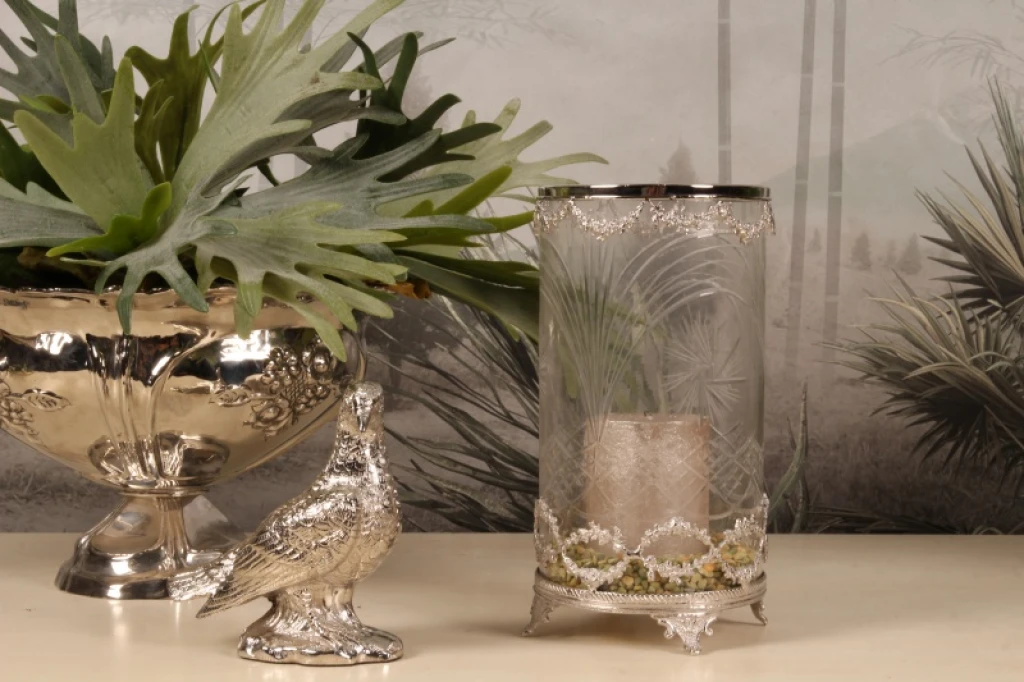 Windlicht - 27 cm - zilver - messing en glas
