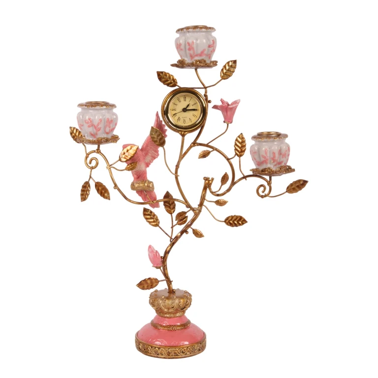 Kandelaar Papegaai met klok - 32 cm - roze - kunsthars