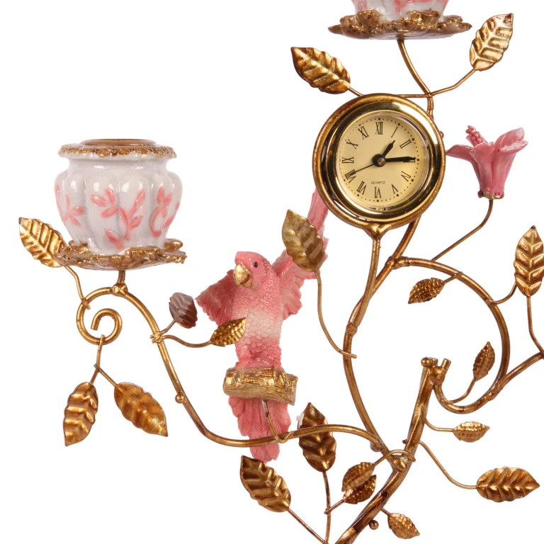 Kandelaar Papegaai met klok - 32 cm - roze - kunsthars