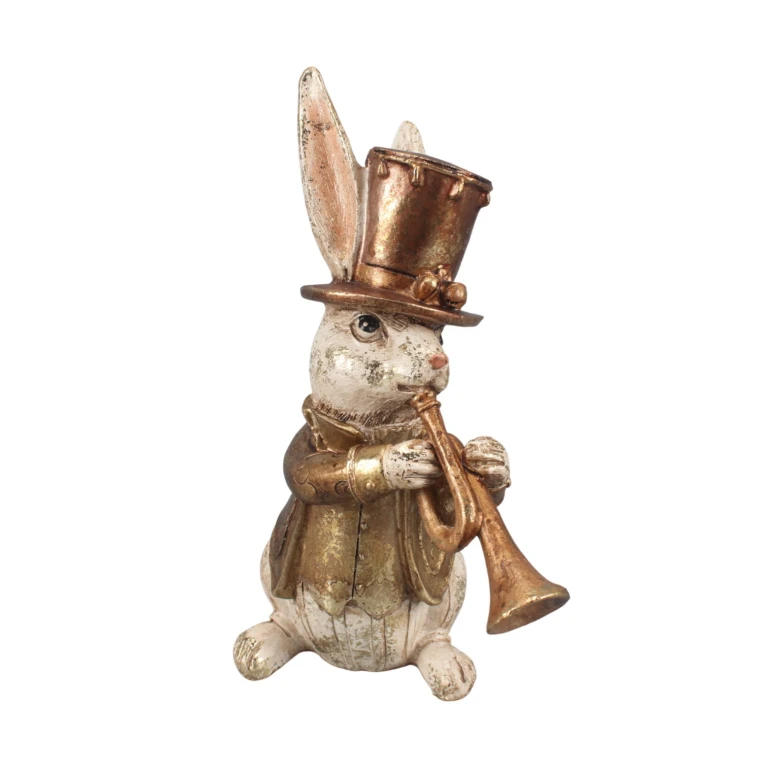 Konijnenbeeldje met trompet - goud - 17 cm