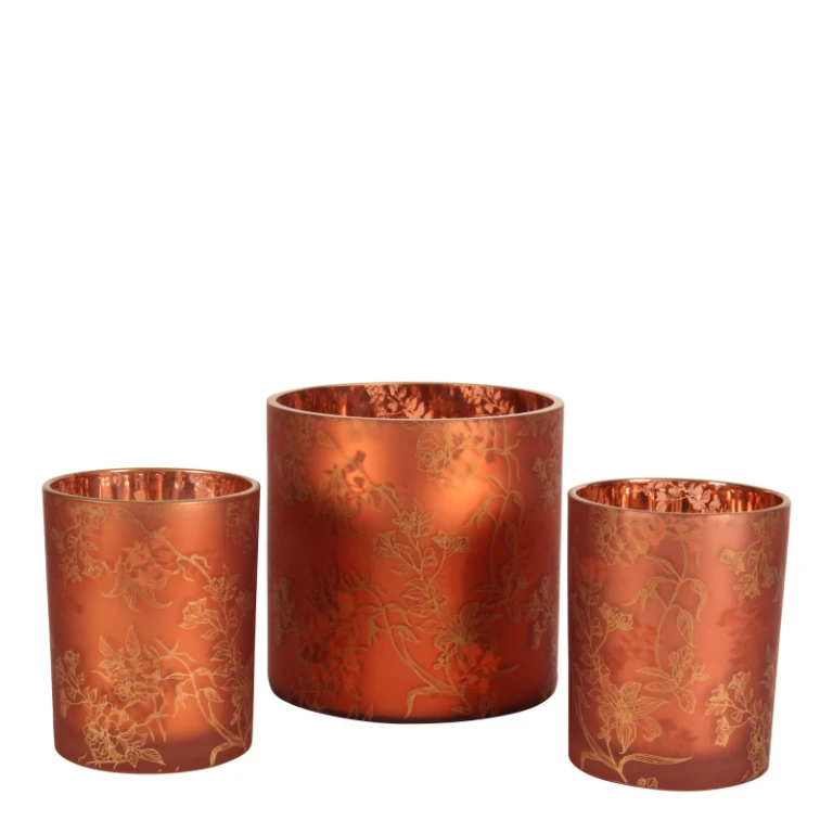 Waxinelichthouder bloemenprint - rood - glas - 15 cm