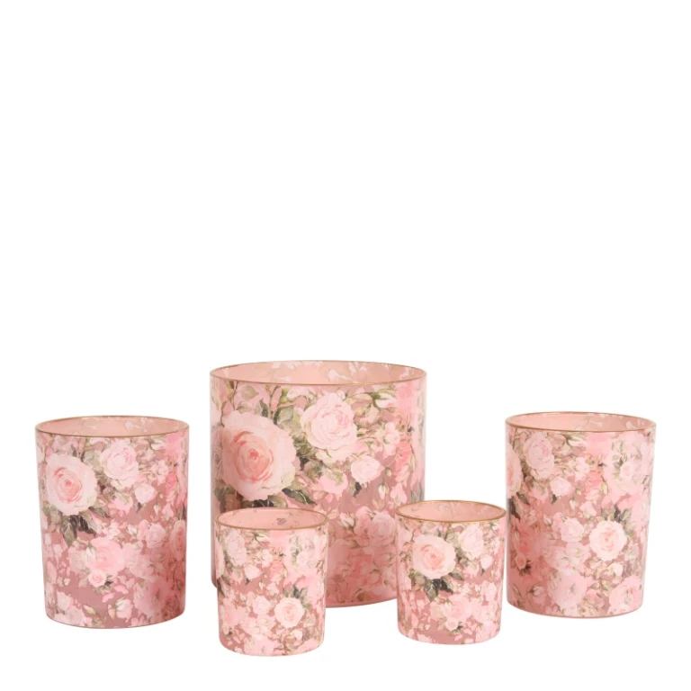 Waxinelichthouder bloemenprint - roze - glas - 12,5 cm