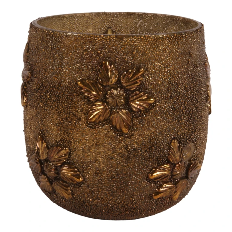 Waxinelichthouder met kralen - goud - glas - 12 cm