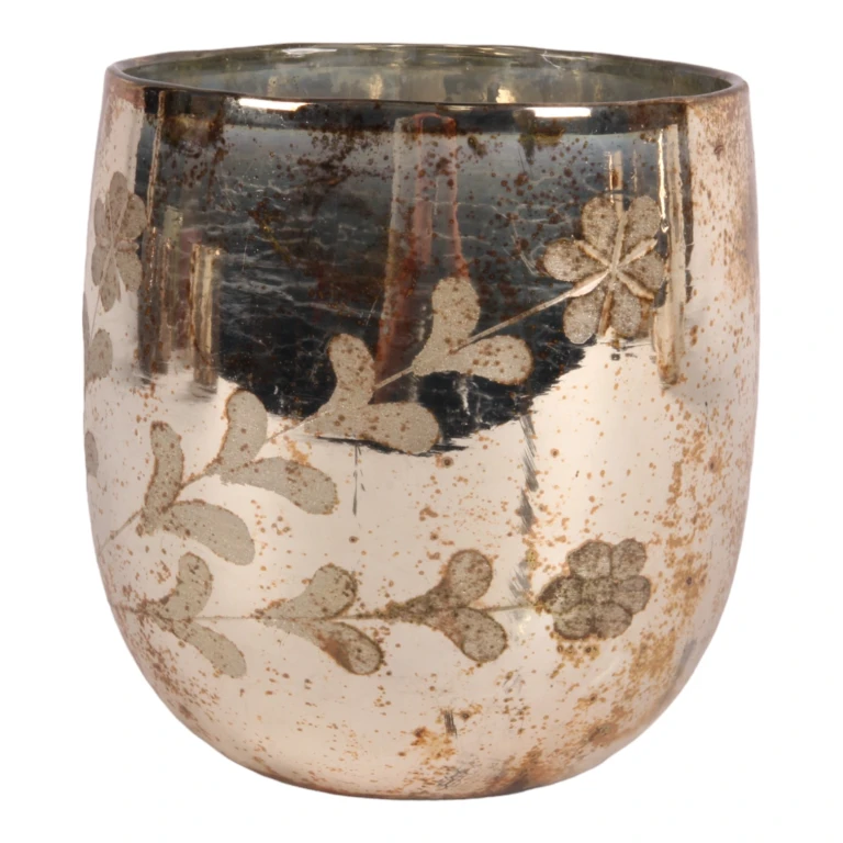 Waxinelichthouder Bloemen - goud - glas - 16 cm