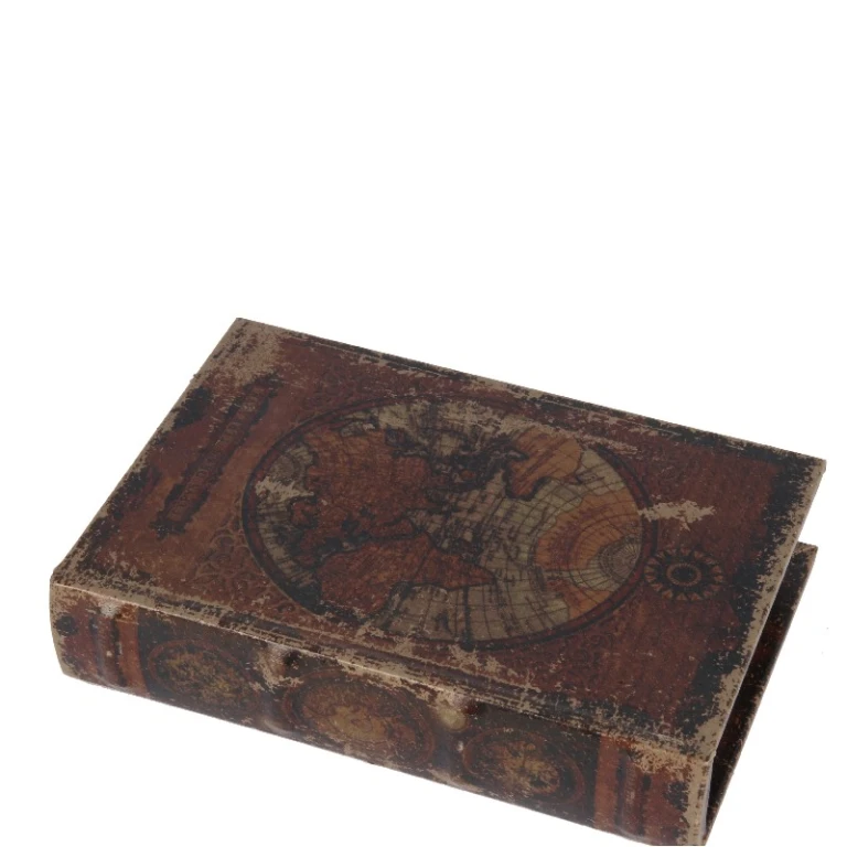 Opbergdoos Boek Wereldkaart - 20 cm - bruin - kunstleer