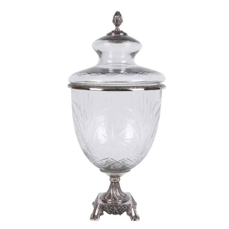 Vaas met deksel - 51 cm - zilver - glas en aluminium