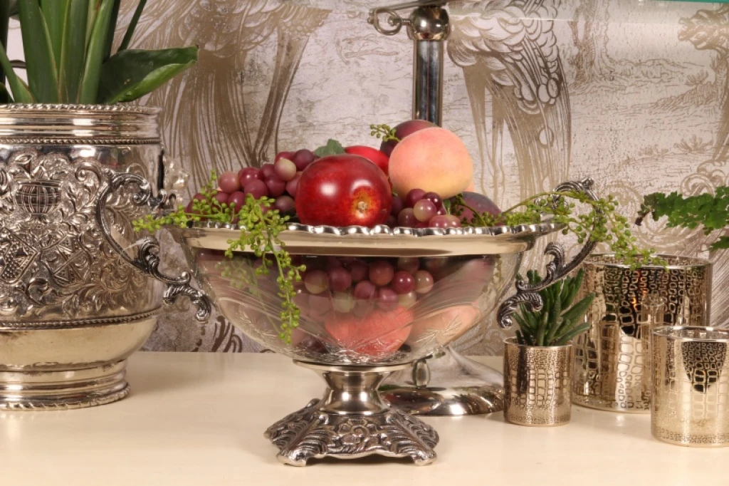 Sierschaal met handvat - zilver - aluminium en glas - 38 cm